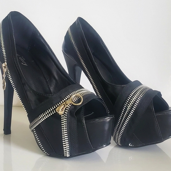 Show Story Punk Zip Peeptoe Platform 5.5" Heels Pumps Stilletto Black Sexy New - Picture 14 of 15